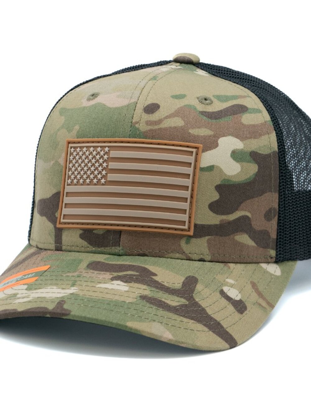 Yupoong Multicam Snapback Trucker Hat PVC American Flag Patch Camo Mesh